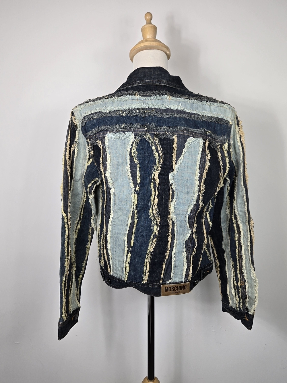 Rare Moschino Jeans Frayed Patchwork Denim Jacket Y2K Boho Grunge Size 8 Luxury - Picture 6 of 9